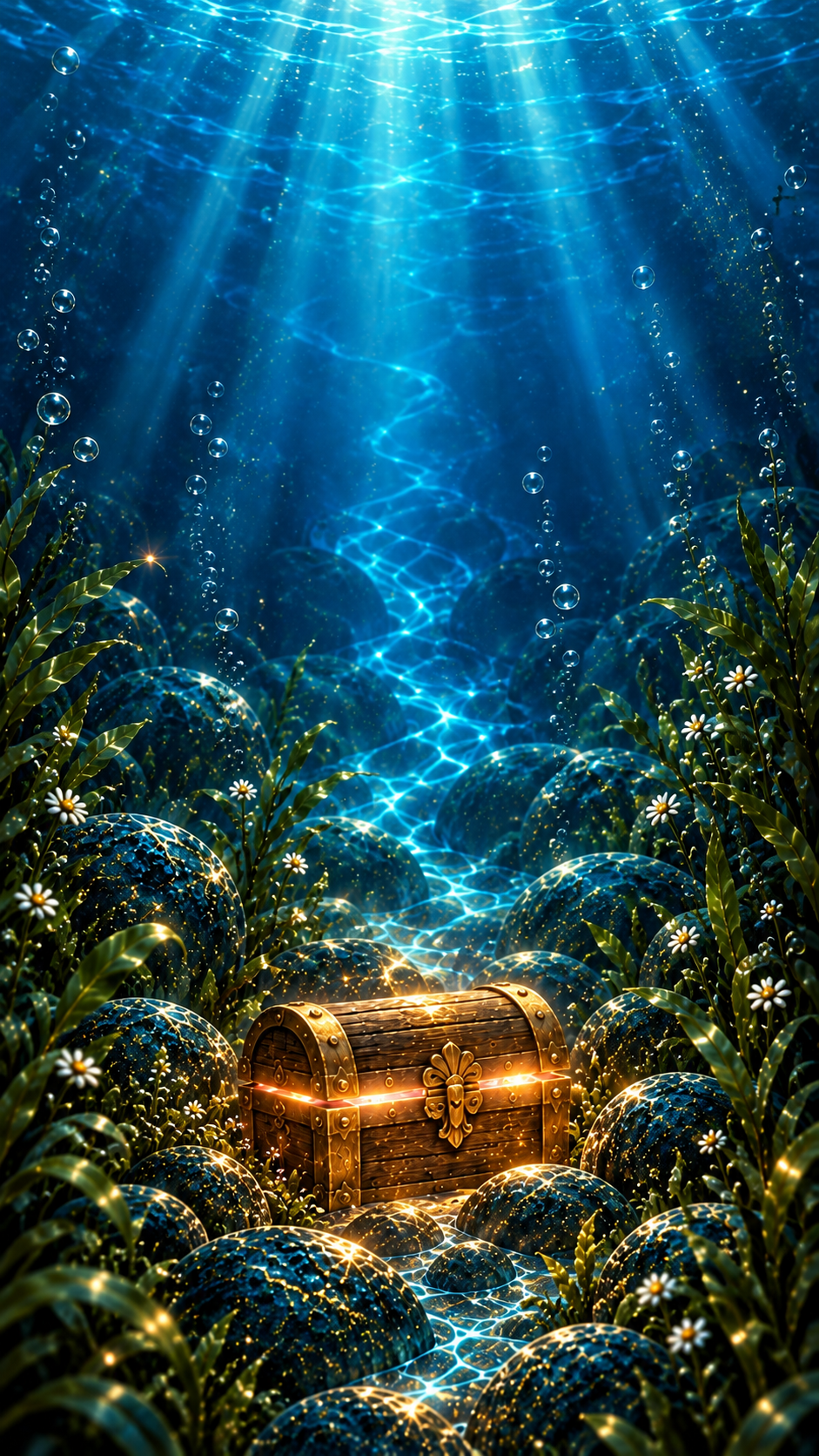 Fundo do lago iluminado por raios azuis, com plantas aquáticas e um baú dourado entre as pedras