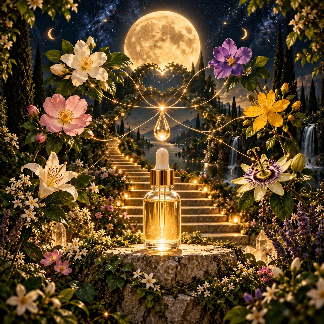 Frasco de essência floral iluminado sobre uma pedra, cercado por flores variadas sob a Lua cheia