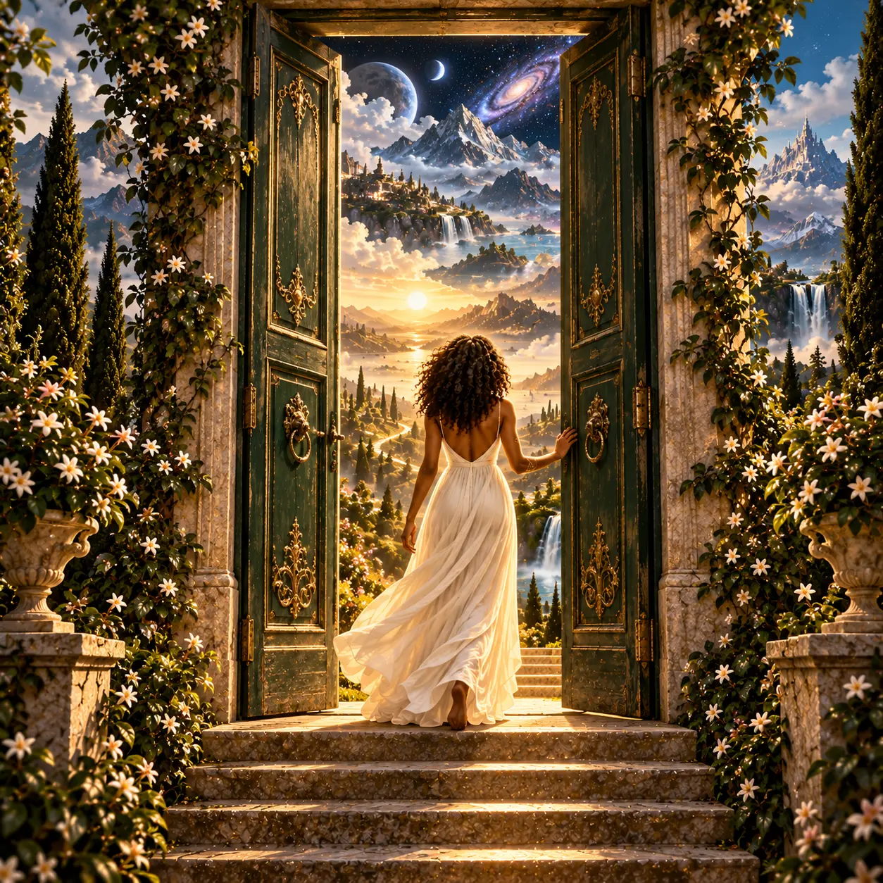 Mulher de vestido branco abrindo um grande portal dourado para uma paisagem de montanhas, cachoeiras e céu estrelado