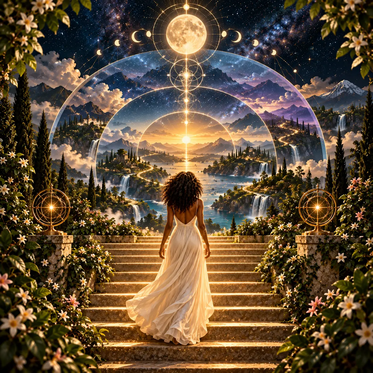 Mulher de vestido branco diante de arcos concêntricos de luz dourada, com fases da Lua e uma paisagem de montanhas e água